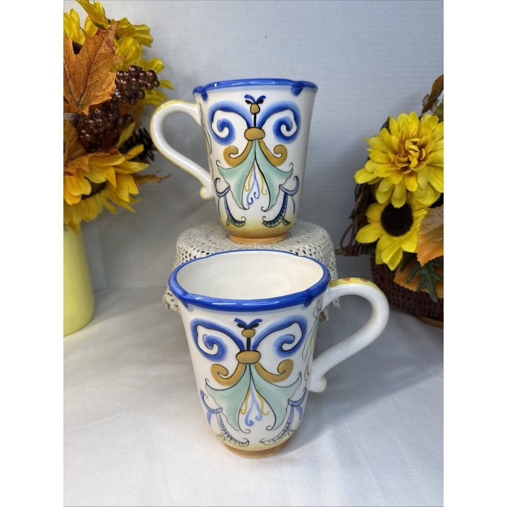 2 Vintage Fitz And Floyd Ricamo Extra Large Ceramic Mugs Handpainted Embossed